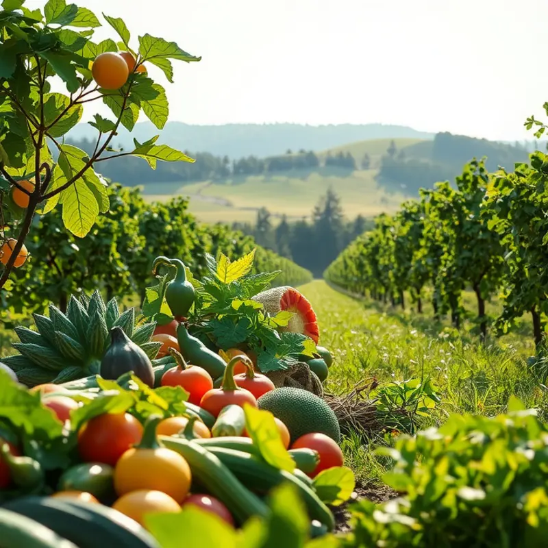 A vibrant sunlit field with an abundance of organic produce.
