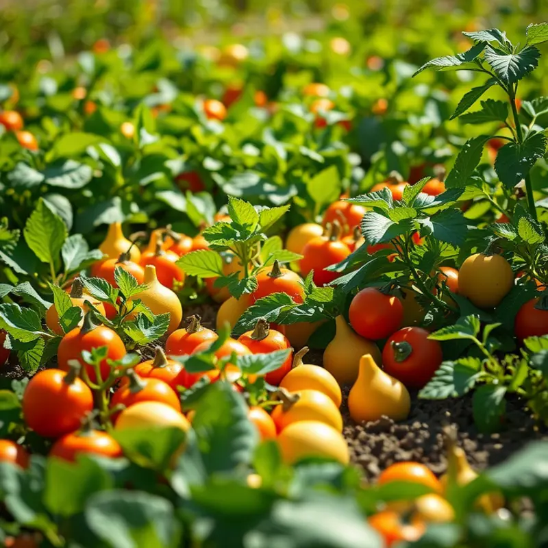 A vibrant field rich in organic fruits and vegetables, illustrating the connection between food choices and pollinator habitats.