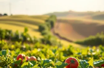 A beautiful sunlit orchard filled with vibrant organic produce and pomegranate trees.