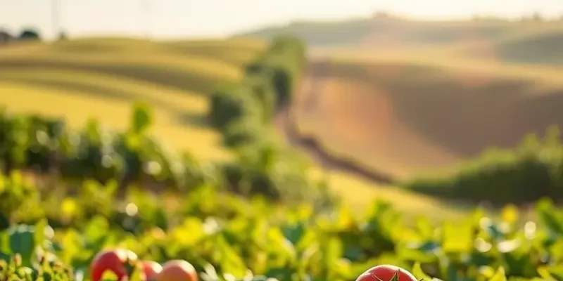 A beautiful sunlit orchard filled with vibrant organic produce and pomegranate trees.