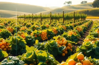 A vibrant orchard of organic fruits and vegetables under soft sunlight.