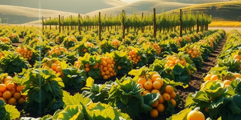 A vibrant orchard of organic fruits and vegetables under soft sunlight.