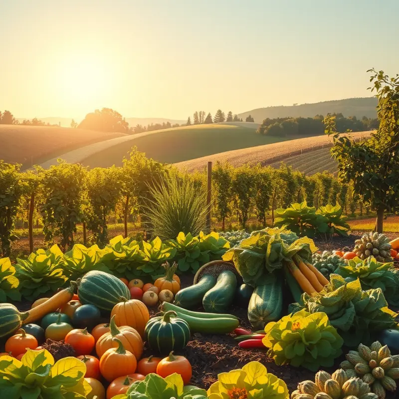 A vibrant, sunlit orchard showcasing a variety of organic vegetables and fruits.