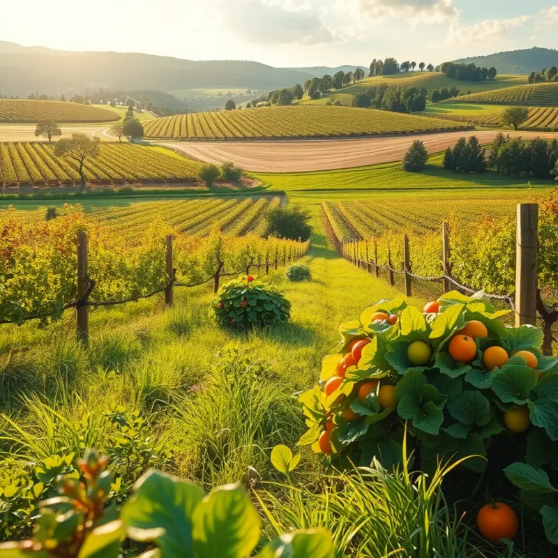 A sunlit orchard filled with vibrant fruits and vegetables symbolizing the balance of food groups.