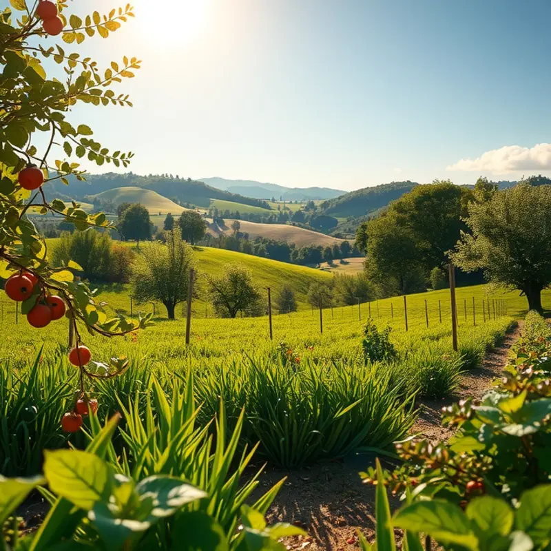 A serene landscape showcasing the abundant variety of fresh produce, symbolizing healthy portion choices.