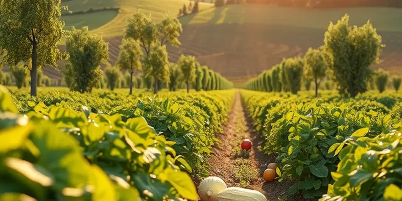 A serene landscape illustrating the natural beauty of Portugal, filled with vibrant fruits and vegetables in sunlight.