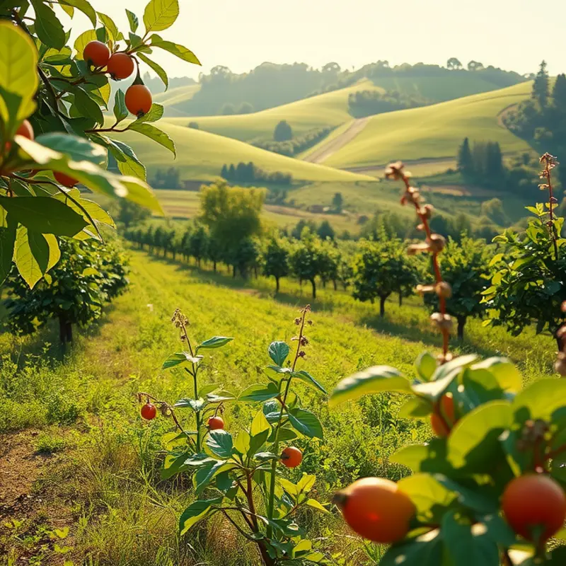 Vibrant fruits and vegetables flourish in a sunlit orchard.