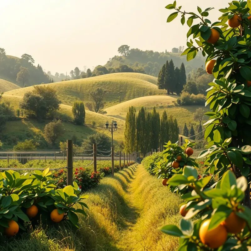 A colorful display of fresh fruits and grains in a scenic natural setting.
