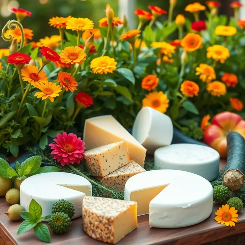 Cheese varieties displayed in a scenic, natural setting.