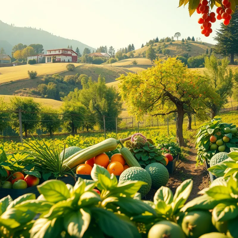 A sunlit field showcasing vibrant fruits and vegetables, embodying the essence of hydration from nature.