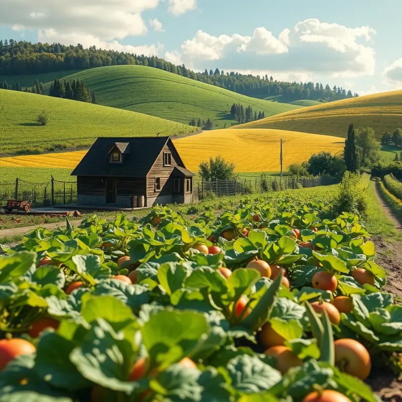 A vibrant landscape showcasing organic fruits and vegetables amidst lush greenery.