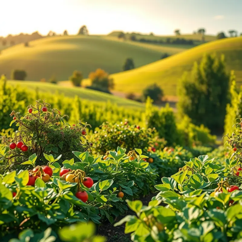 A vibrant orchard full of fresh fruits and vegetables, representing the essence of veganism.