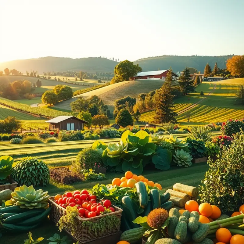 A serene landscape showcasing the abundance of organic fruits and vegetables in a sunlit field.