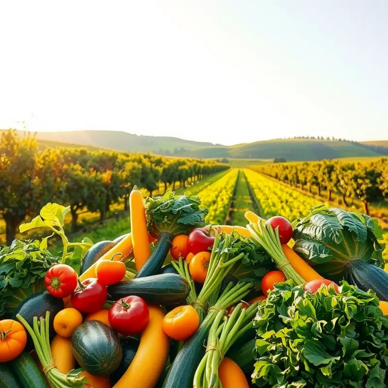 A beautiful sunlit orchard showcasing vibrant fruits and vegetables.