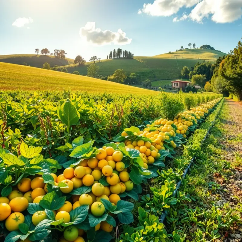A vibrant landscape showcasing the abundance of organic produce.