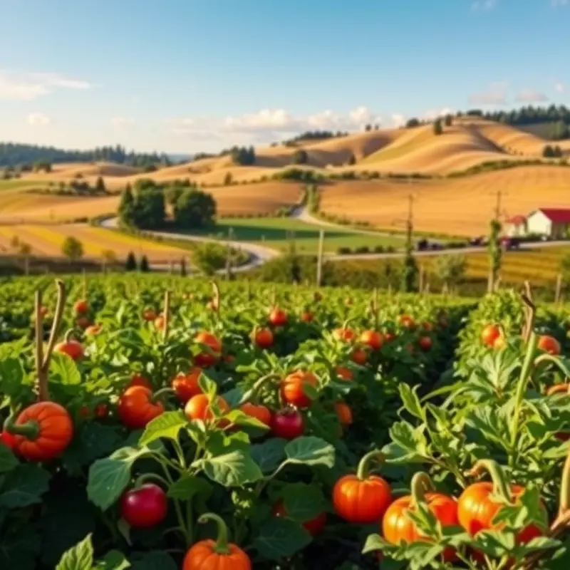A vibrant sunlit field overflowing with fresh fruits and vegetables.