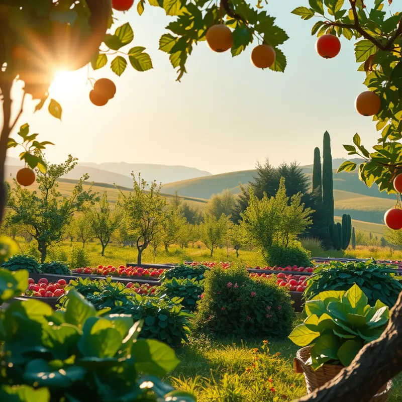 A vibrant landscape showcasing a sunlit field of organic produce.