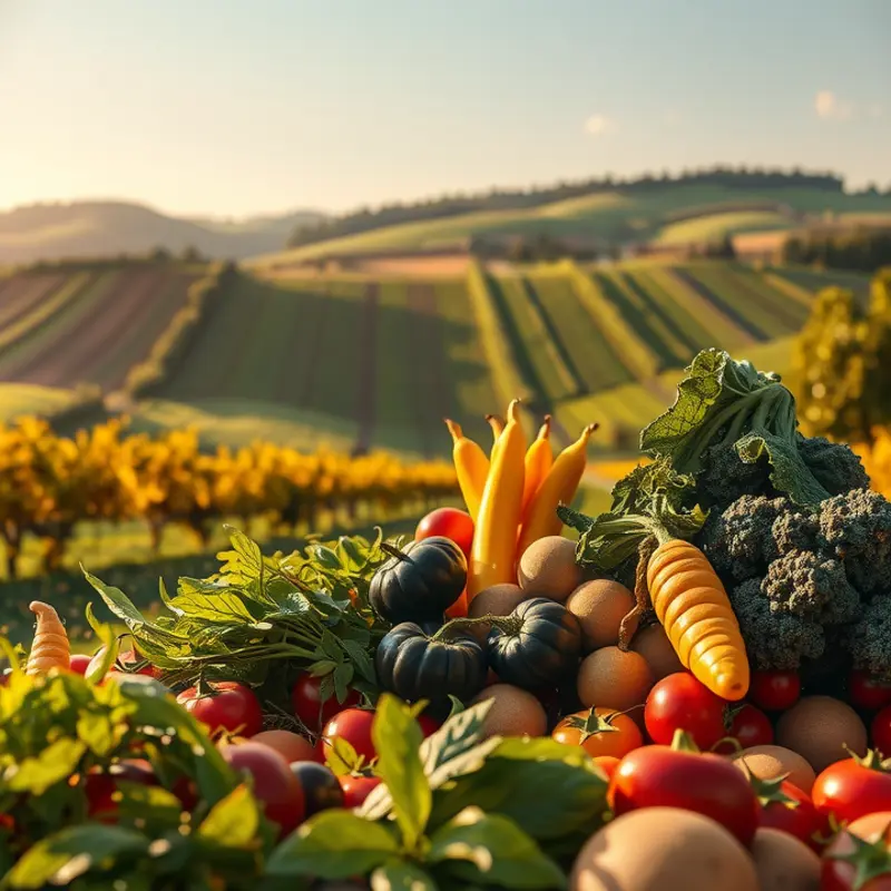 A vibrant field showcasing organic vegetables and fruits basking in the sun.