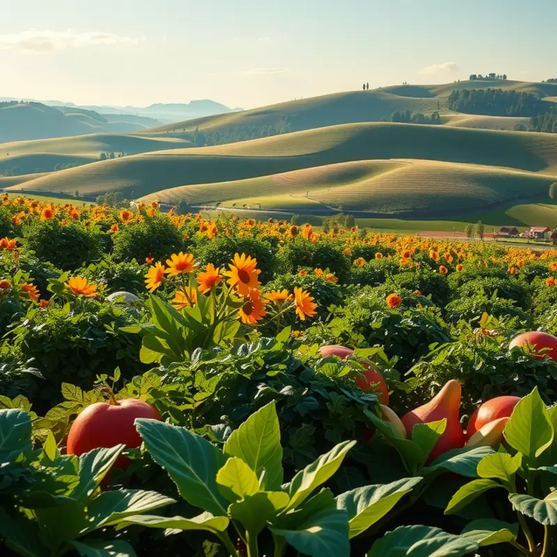 A vibrant sunlit field showcasing fresh organic produce.
