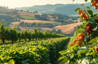 A scenic landscape featuring a sunlit field filled with colorful fruits and vegetables in a natural setting.