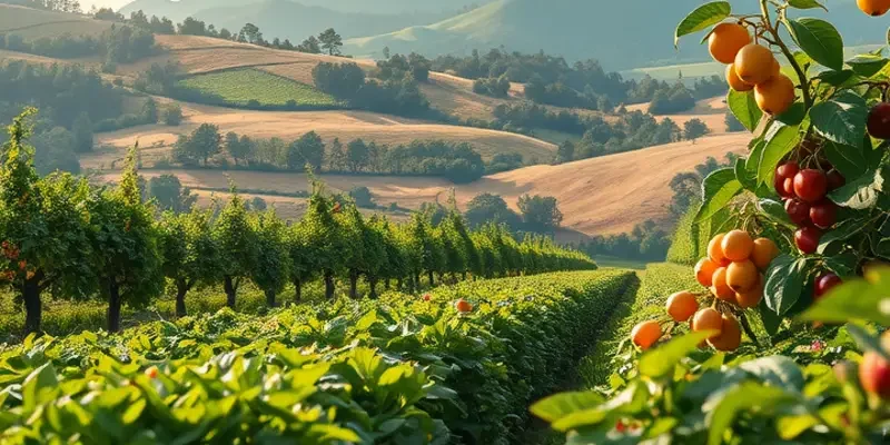 A scenic landscape featuring a sunlit field filled with colorful fruits and vegetables in a natural setting.