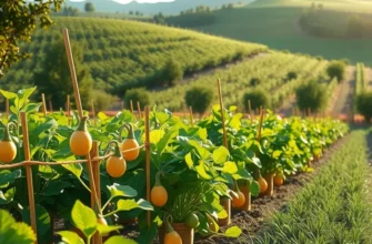 A scenic view showcasing a thriving organic field with colorful fruits and vegetables.