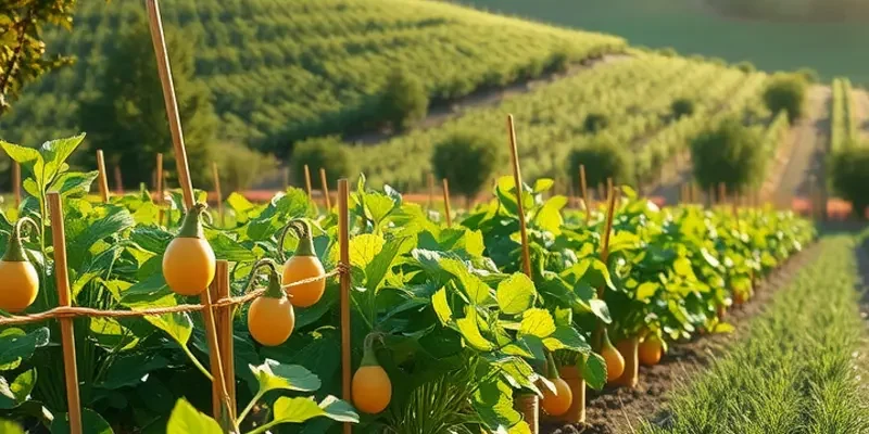 A scenic view showcasing a thriving organic field with colorful fruits and vegetables.