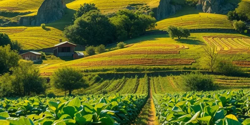 A serene landscape showcasing vibrant vegetables and fruits in a natural setting.