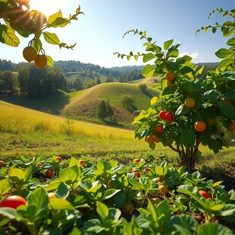 A sunlit landscape showcasing vibrant fruits and vegetables in their natural growth.