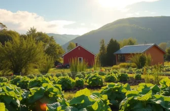 A sunlit field filled with vibrant fruits and vegetables in a lush, green landscape.