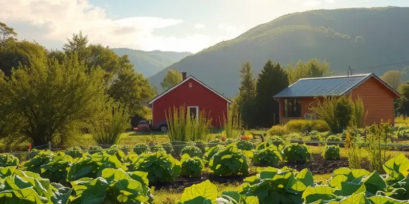 A sunlit field filled with vibrant fruits and vegetables in a lush, green landscape.