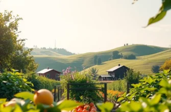 Photorealistic landscape of a sunny orchard filled with vibrant vegetables and fruits.