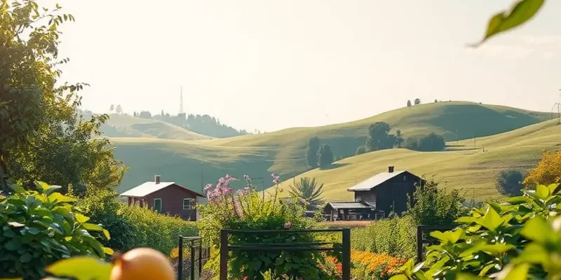 Photorealistic landscape of a sunny orchard filled with vibrant vegetables and fruits.