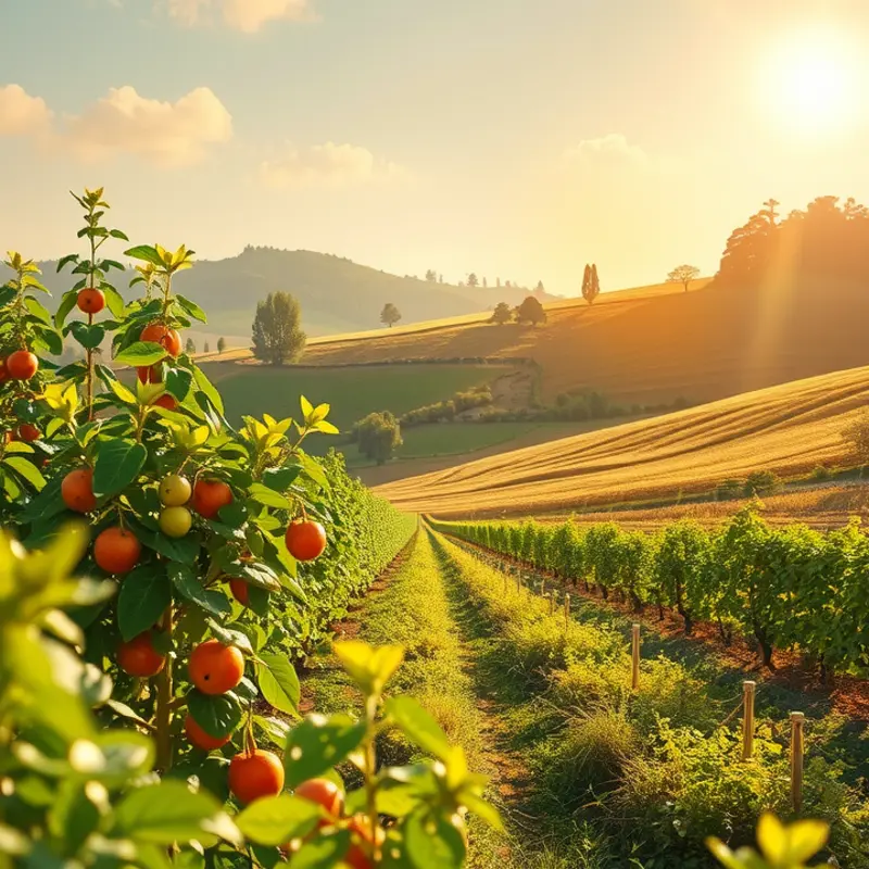 A vibrant orchard with fresh fruits and vegetables thriving in a lush, sunny landscape.