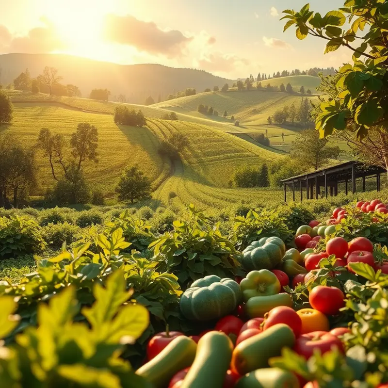A serene sunlit field showcasing vibrant produce and lush greenery, representing the essence of healthy hydration.