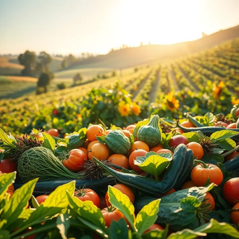 A sunlit field showcasing vibrant vegetables and fruits in harmony with nature.