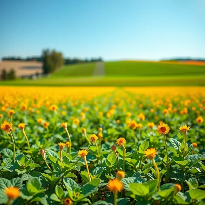 A sunlit field abundant with legumes and cover crops promoting soil health.