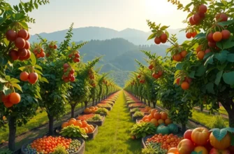 A picturesque orchard full of organic vegetables and fruits under a warm sunlit backdrop, symbolizing healthy preservation.