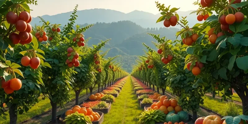 A picturesque orchard full of organic vegetables and fruits under a warm sunlit backdrop, symbolizing healthy preservation.