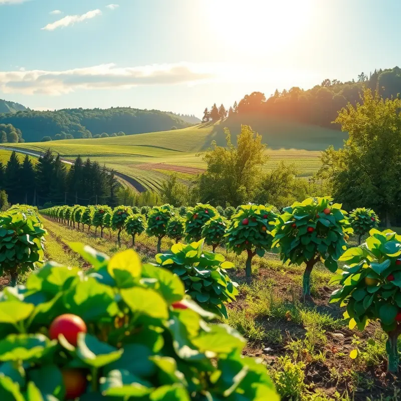 A sunlit orchard filled with colorful fruits and vegetables, symbolizing healthy eating.