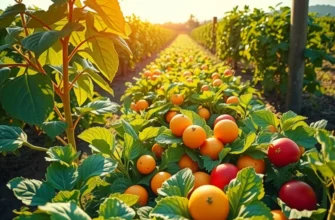 A scenic landscape featuring a field abundant with healthy fruits and vegetables.