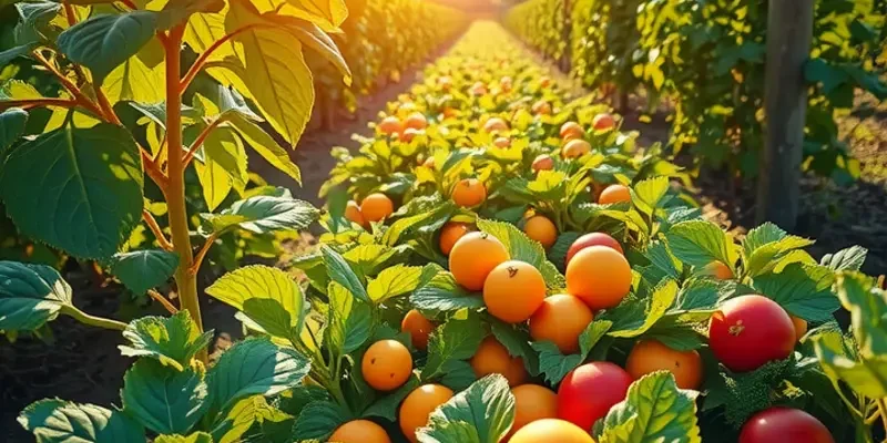 A scenic landscape featuring a field abundant with healthy fruits and vegetables.