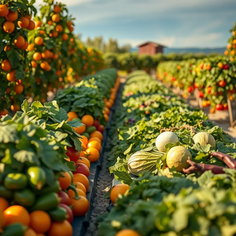 A serene sunlit field filled with vibrant, organic vegetables and fruits.