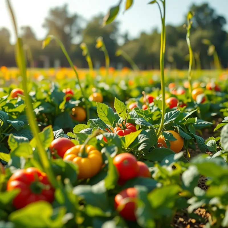 A serene sunlit field filled with vibrant, organic vegetables and fruits.