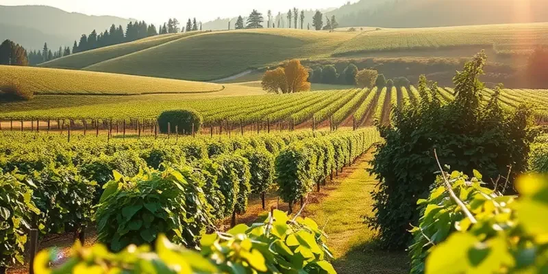 Scenic landscape filled with organic fruits and vegetables under warm sunlight.
