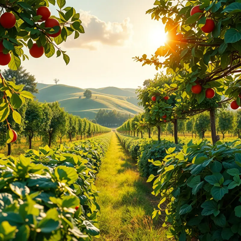 A sunlit field showcasing vibrant garlic bulbs thriving in a natural orchard.