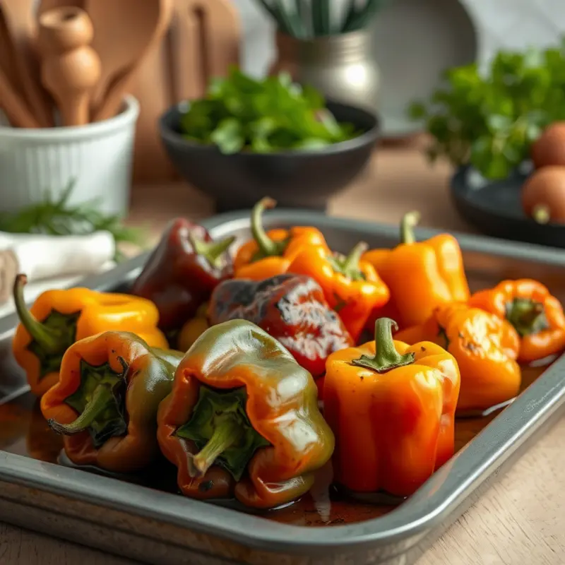 A colorful assortment of peppers ready for roasting, showcasing their vibrancy and freshness.
