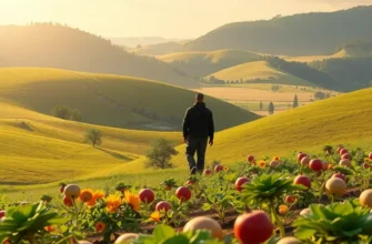 A lush, sunlit field filled with organic fruits and vegetables.