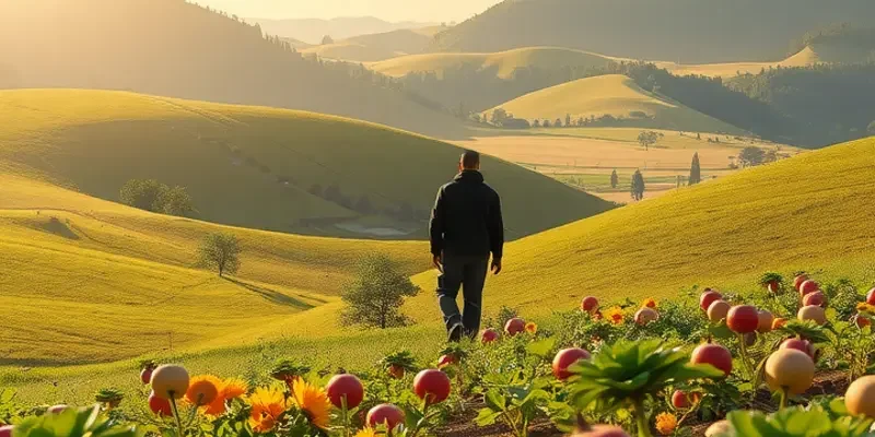 A lush, sunlit field filled with organic fruits and vegetables.