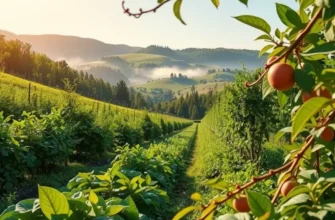 A beautiful landscape emphasizing organic vegetables and fruits growing naturally.